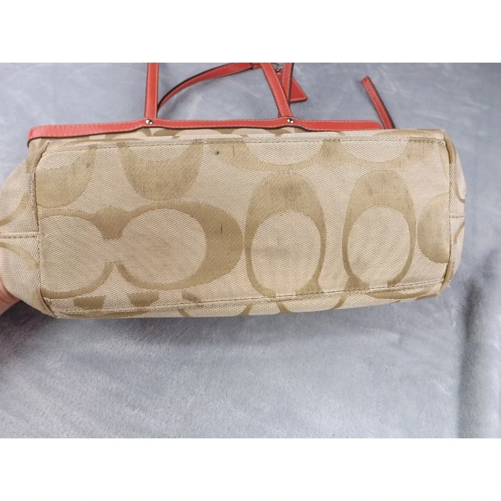 Coach Signature Stripe Tote/Bag/Purse Pink & Khaki Leather & Canvas E1020-F15112